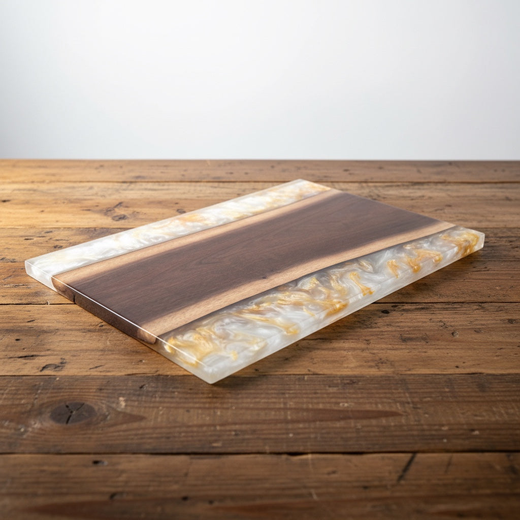Peras Series: Outer Edge Resin Framed Serving Tray - White Marble Swirl