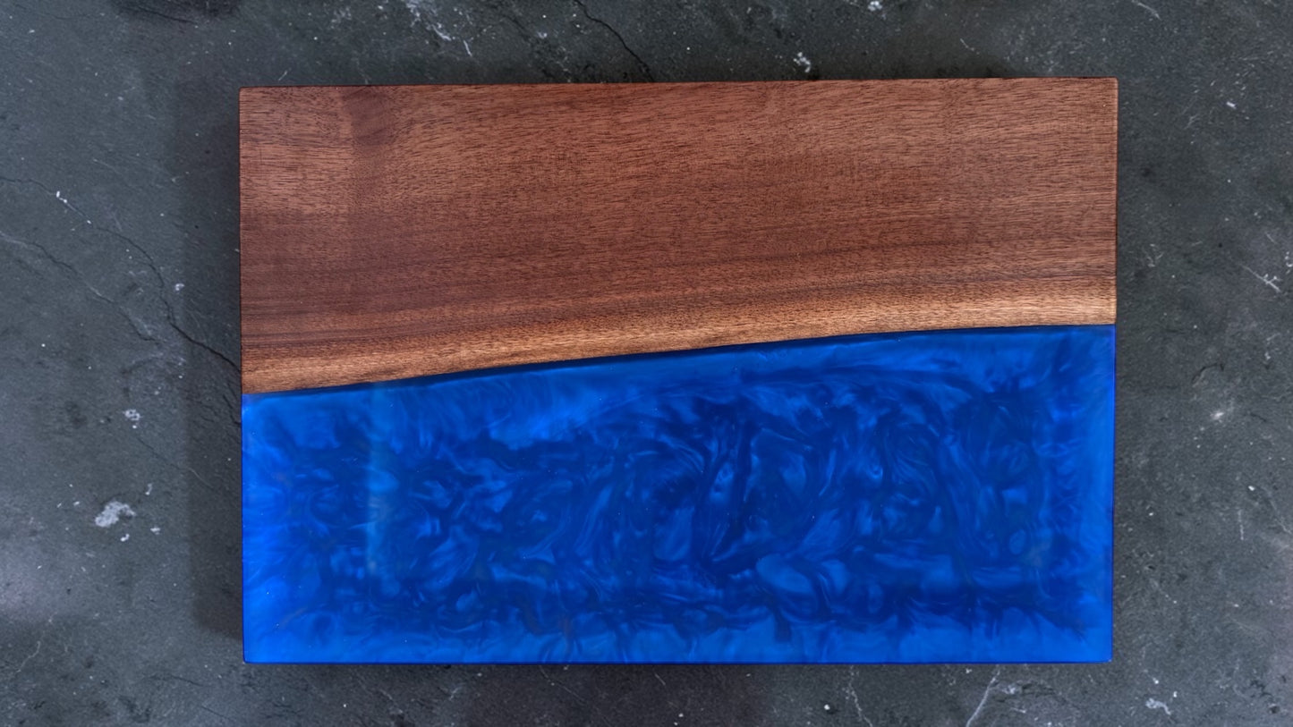Syzygy half-river serving tray with deep blue epoxy pour, top view
