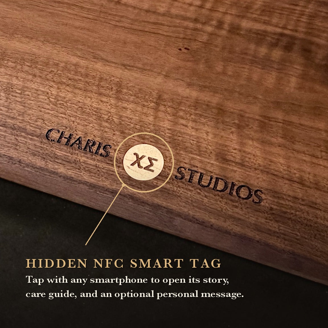Hidden NFC smart tag in the underside inlay — tap to open the piece's story, care guide & optional message