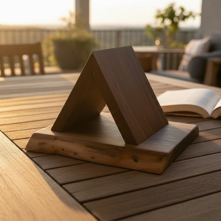 Wooden bookends on a wooden table with an open book, set against a blurred outdoor background.