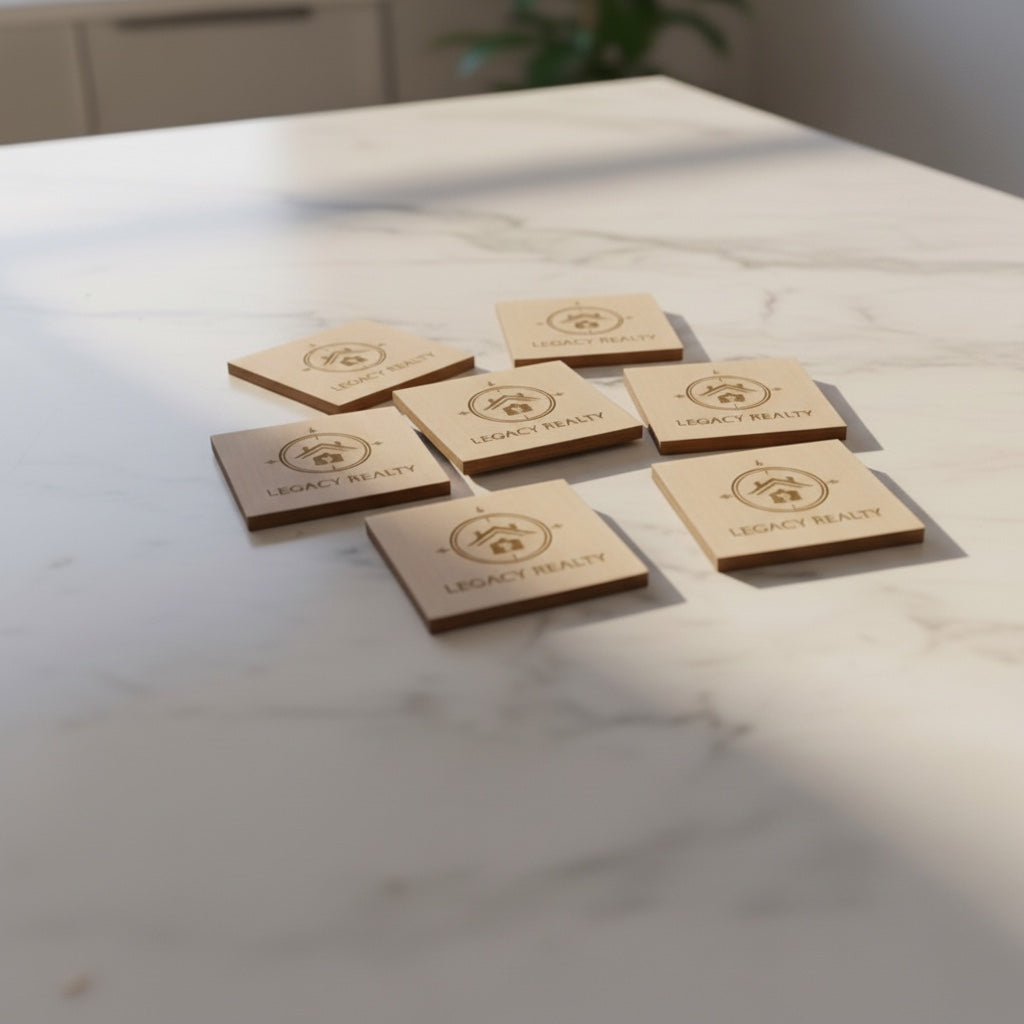 Set of wooded objects with Legacy Realty laser engraved on the top surface. 