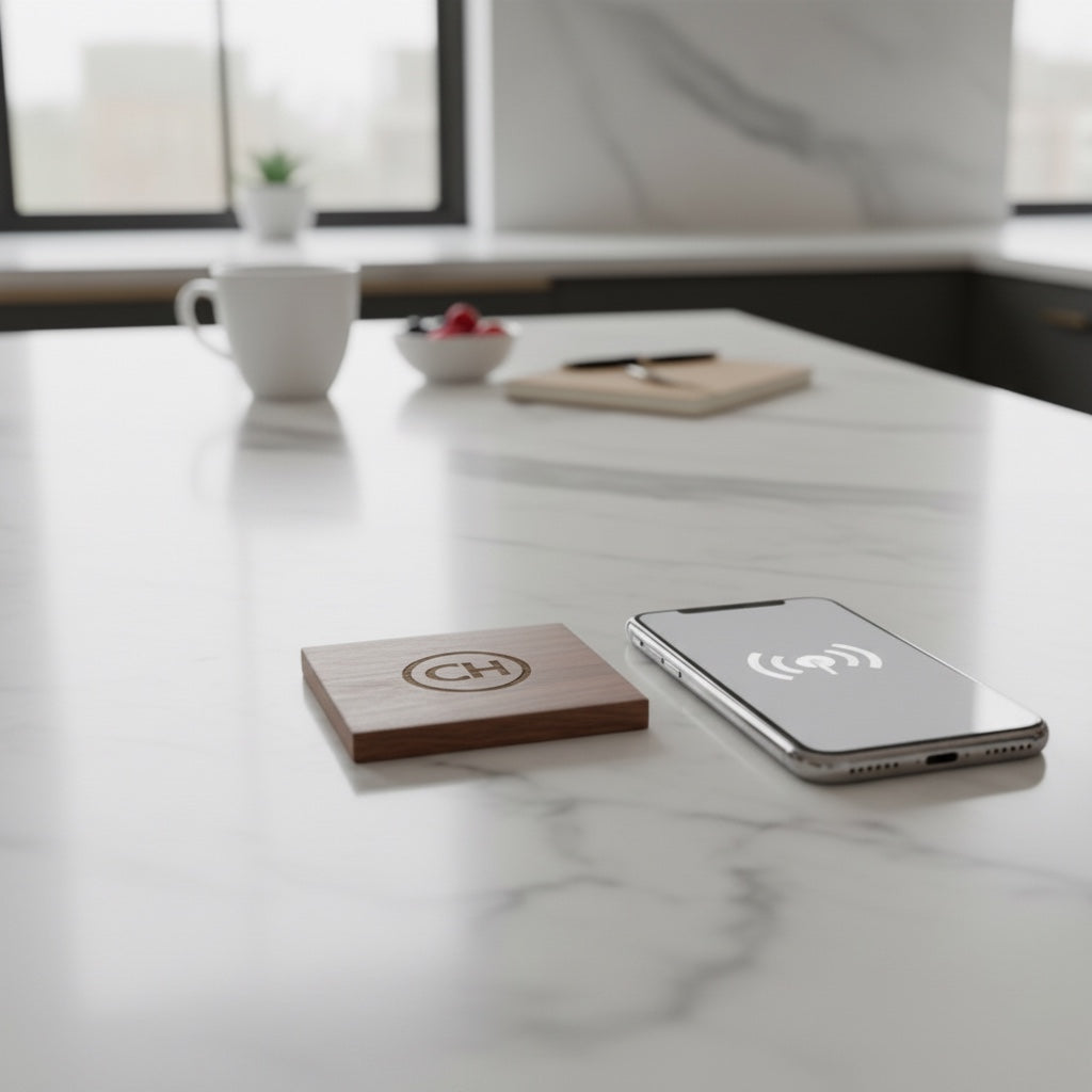 Wood object on a marble surface with a smartphone nearby