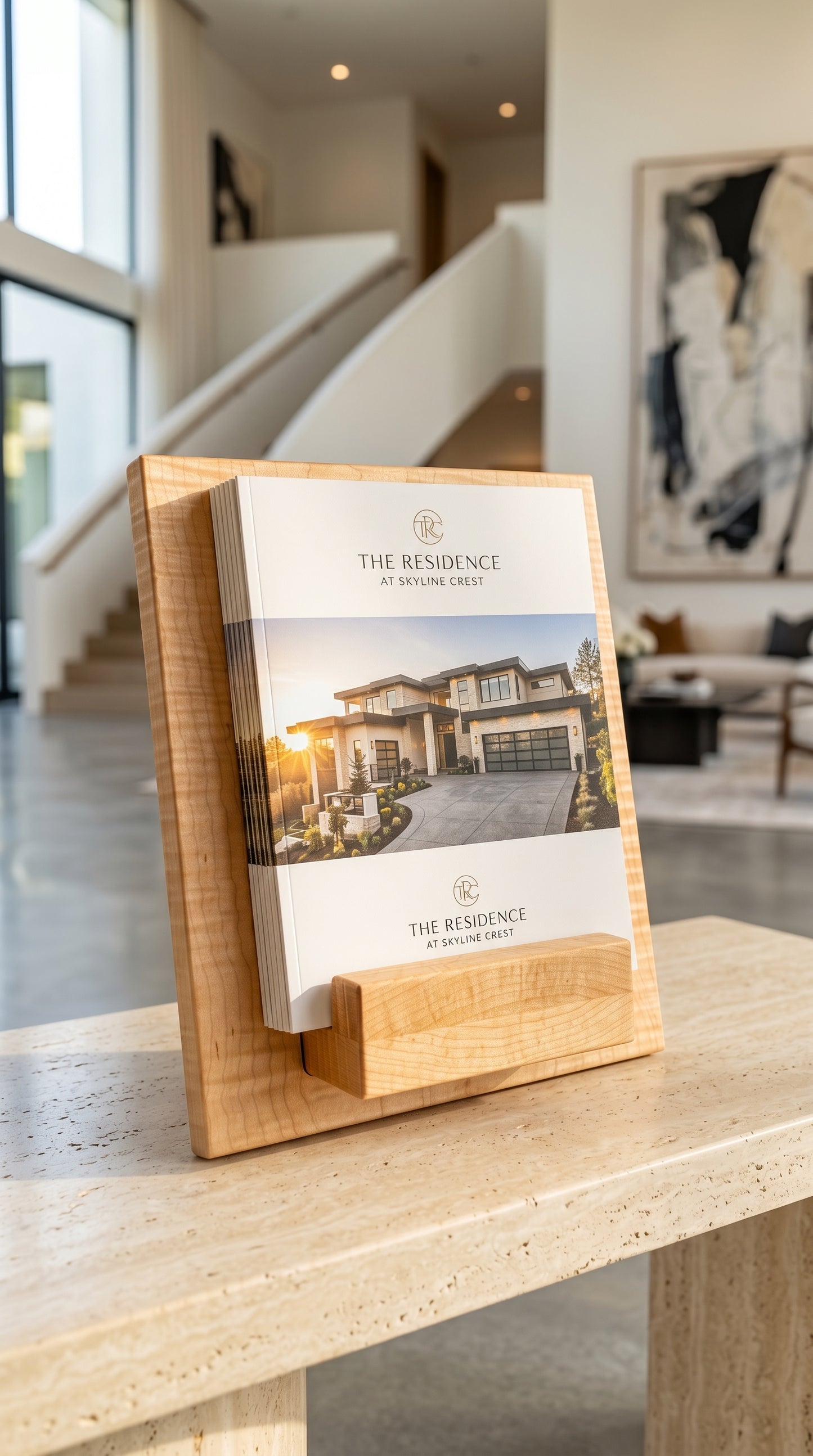Curly maple stand displaying a brochure