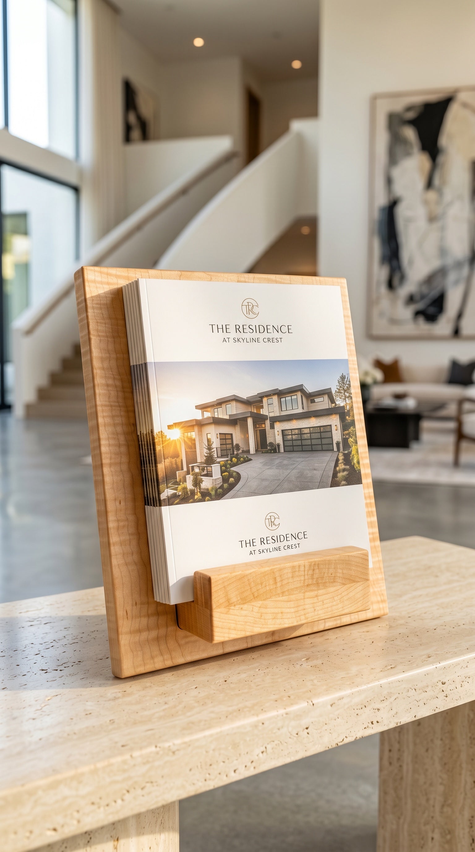 Curly maple stand displaying a brochure