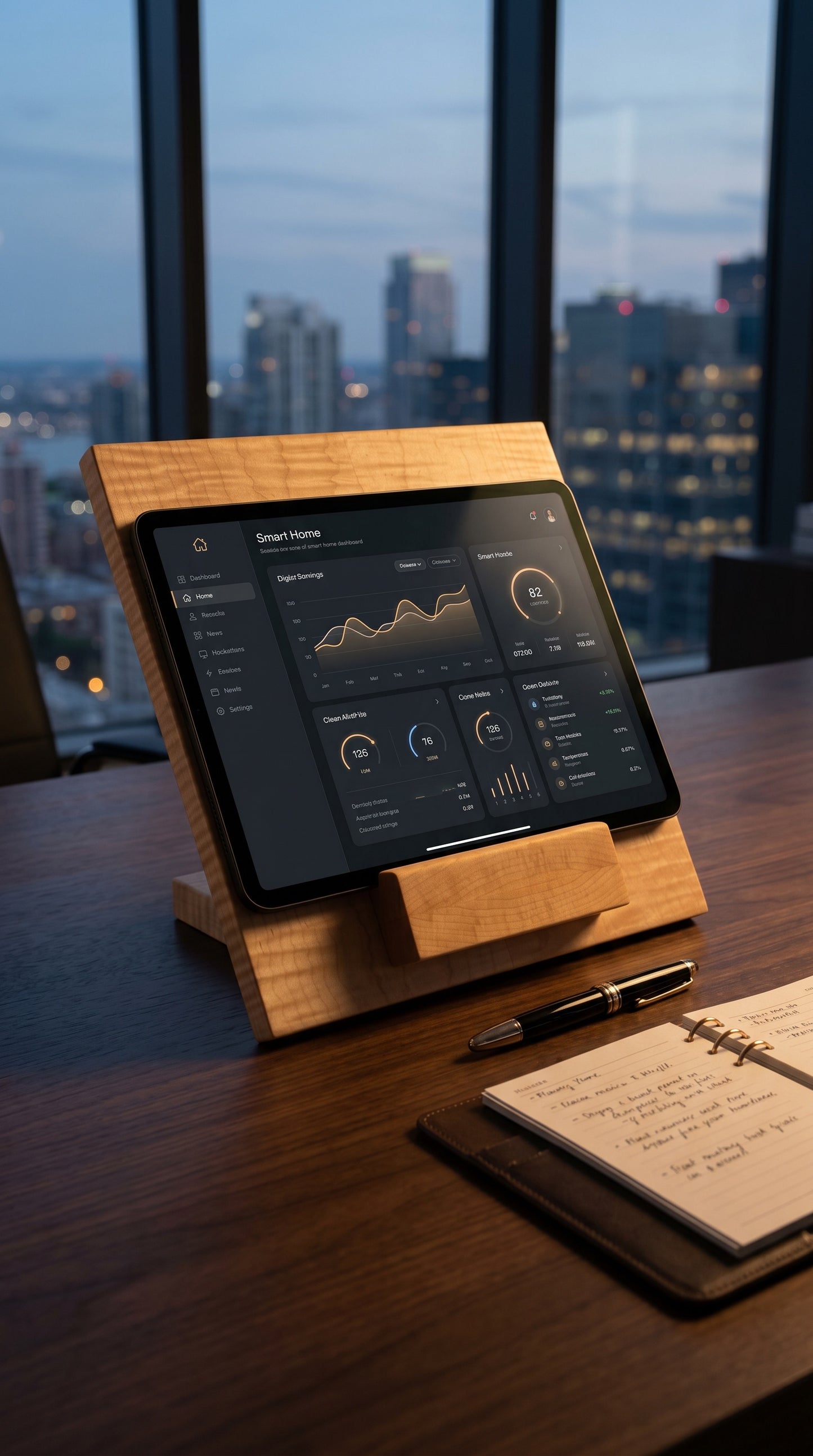 Curly maple stand holding a tablet on a desk