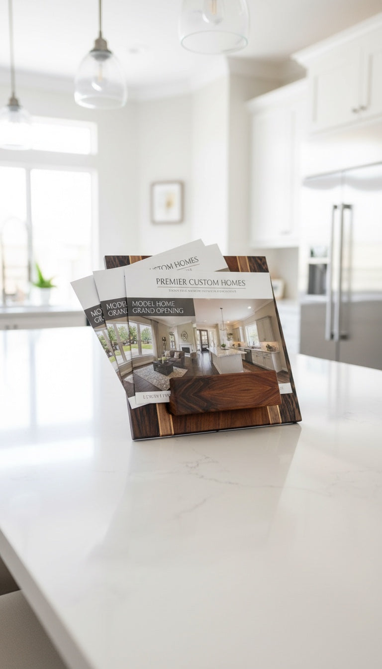 Adjustable stand in Executive palette displaying brochures in a kitchen