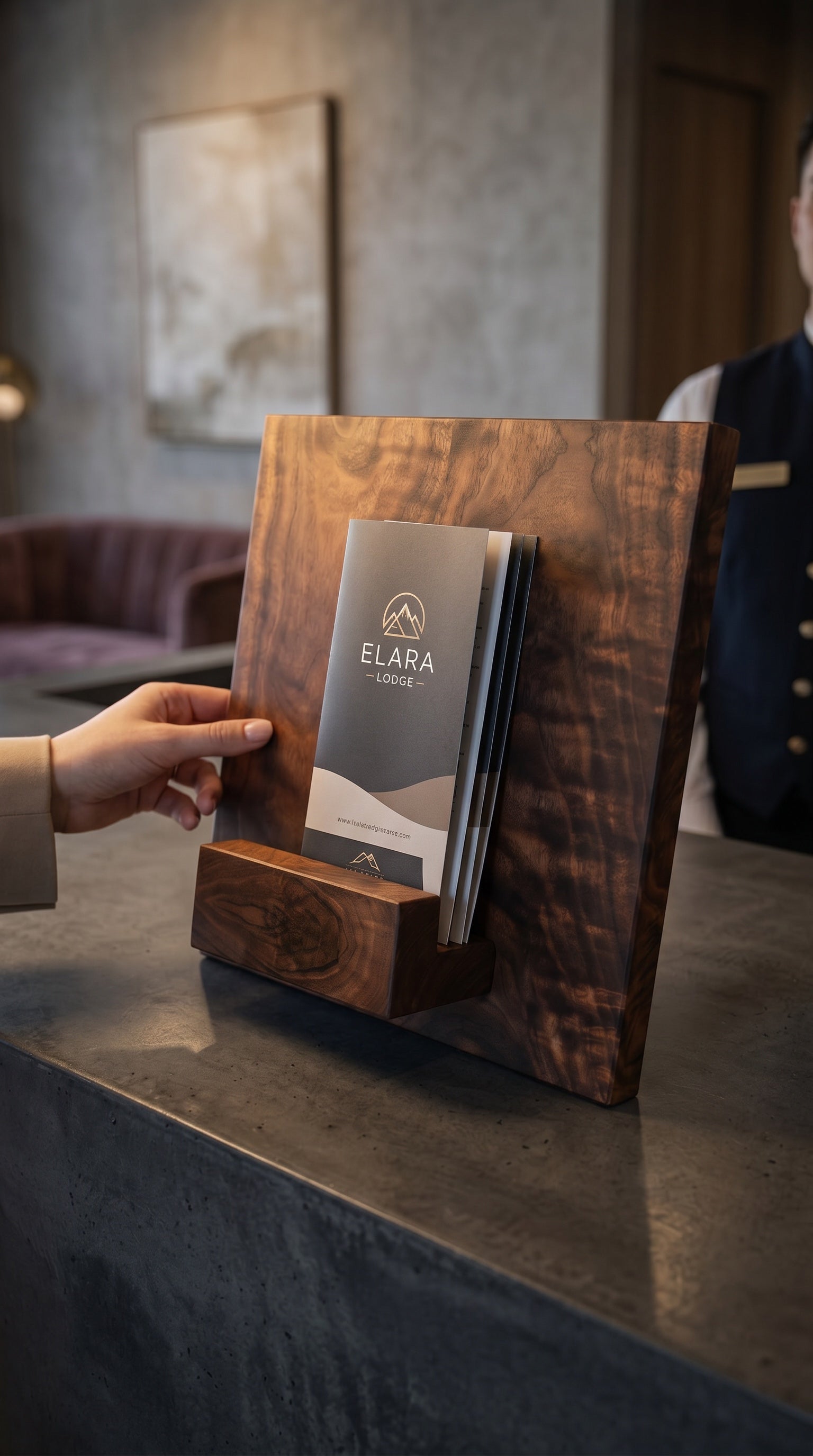 Solid walnut brochure stand displaying a brochure at a hotel reception desk