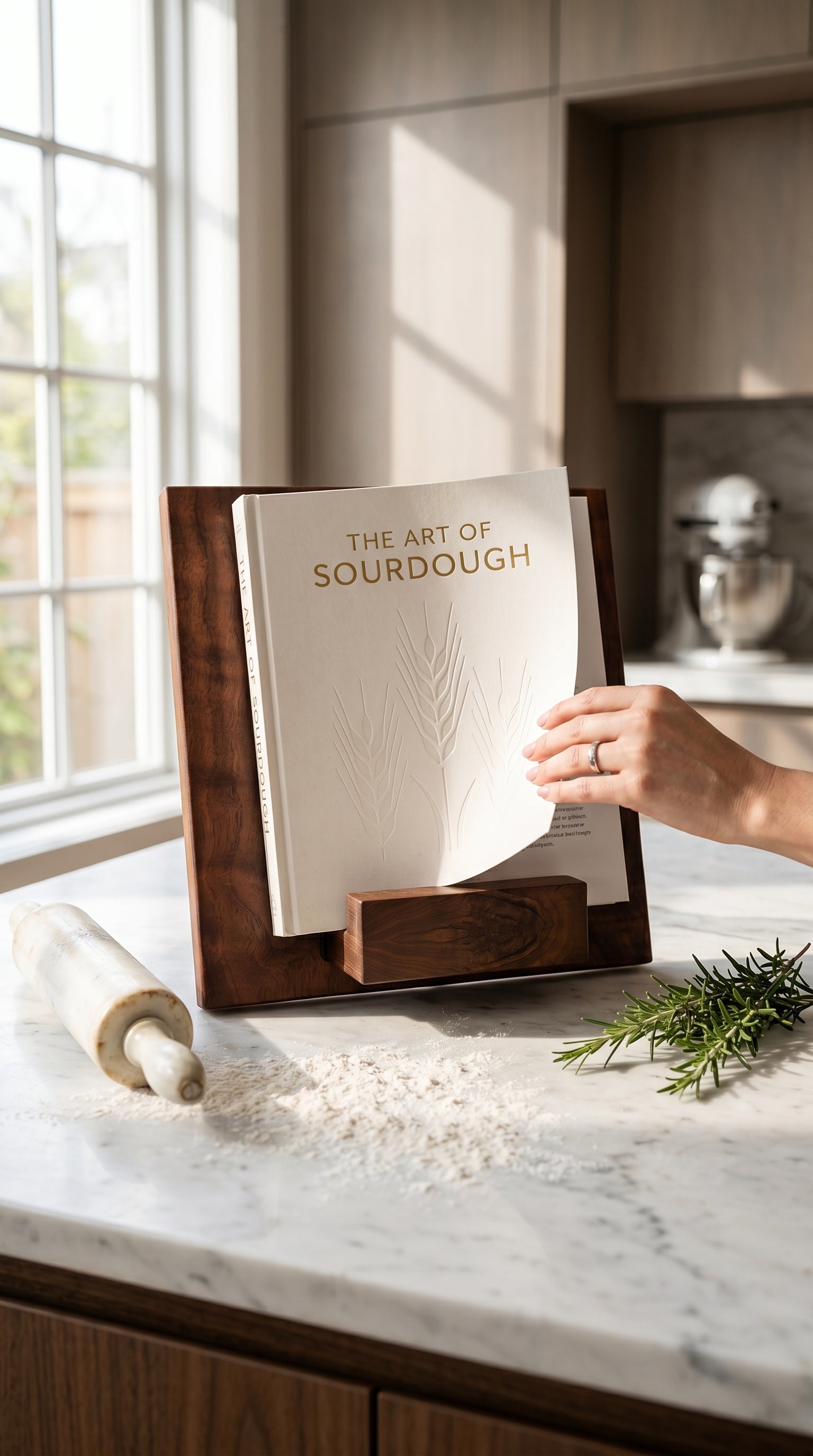 Solid walnut cookbook stand holding a cookbook in a marble kitchen