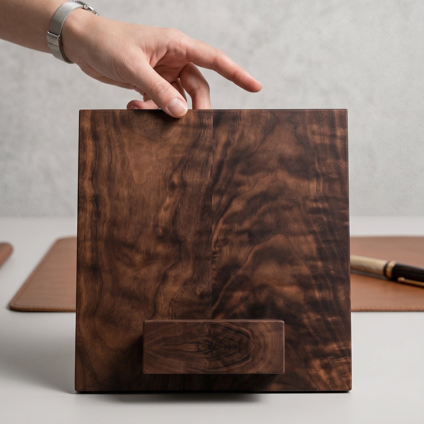 Solid walnut adjustable book and tablet stand, figured book-matched grain detail