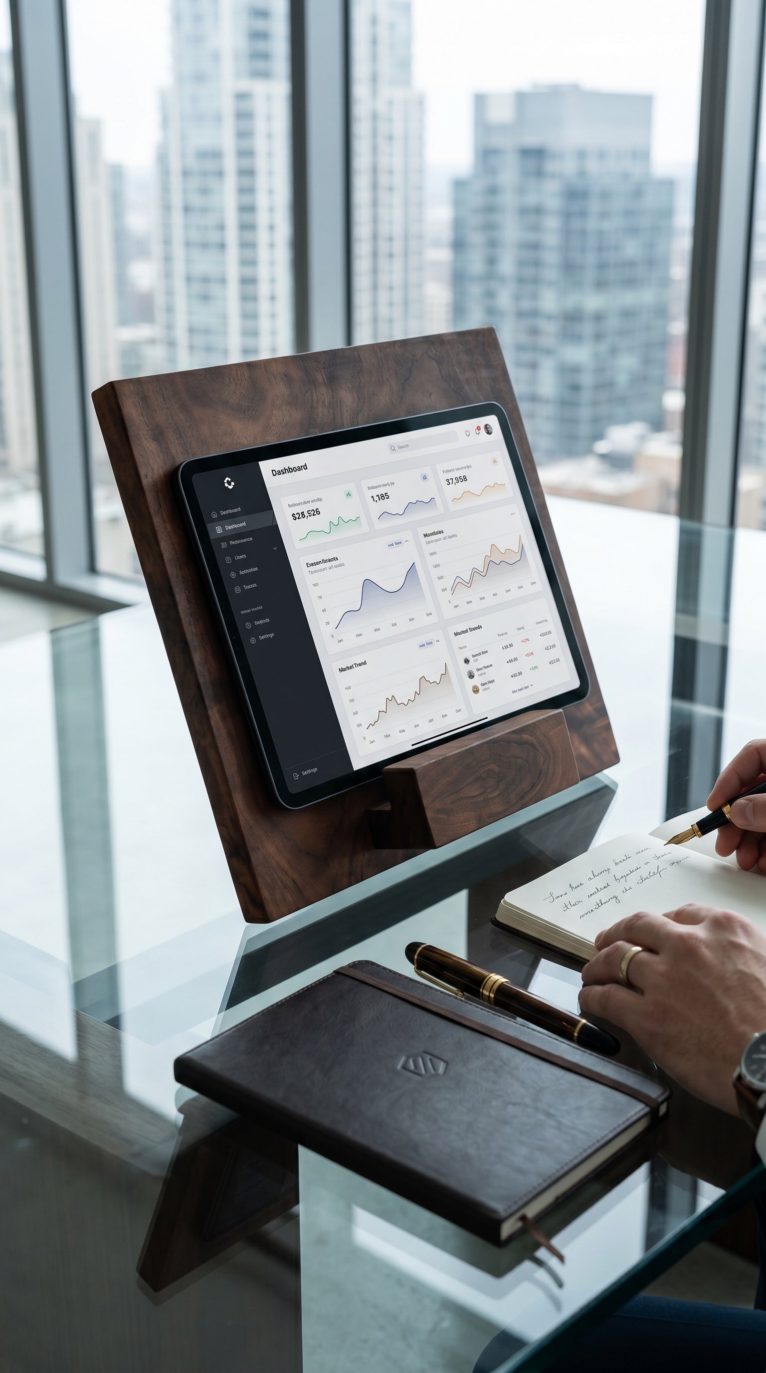 Solid walnut stand holding a tablet on a modern office desk