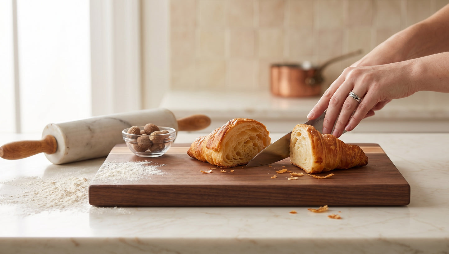 Charis Studios edge-grain cutting board made of walnut, cherry, maple, and padauk, with a croissant being sliced.