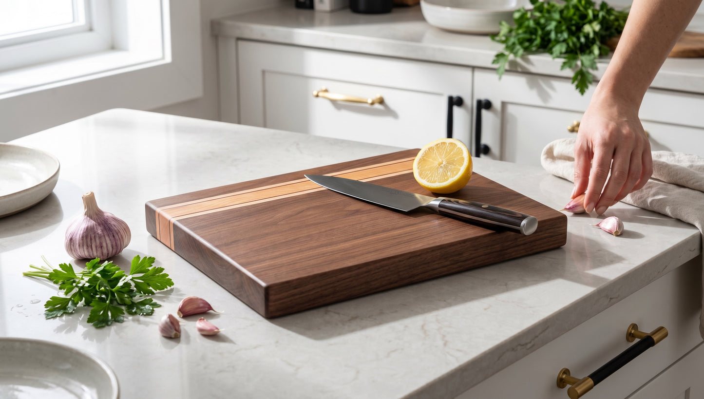 Charis Studios edge-grain cutting board made of walnut, cherry, maple, and padauk on a kitchen counter with a knife.