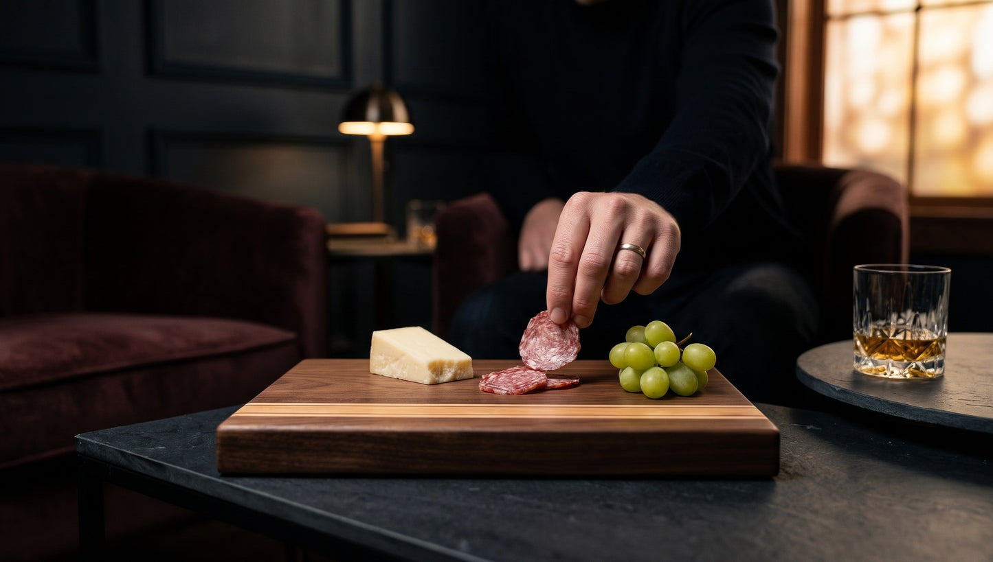 Charis Studios edge-grain cutting board with walnut, cherry, and maple stripes, used as a charcuterie board.