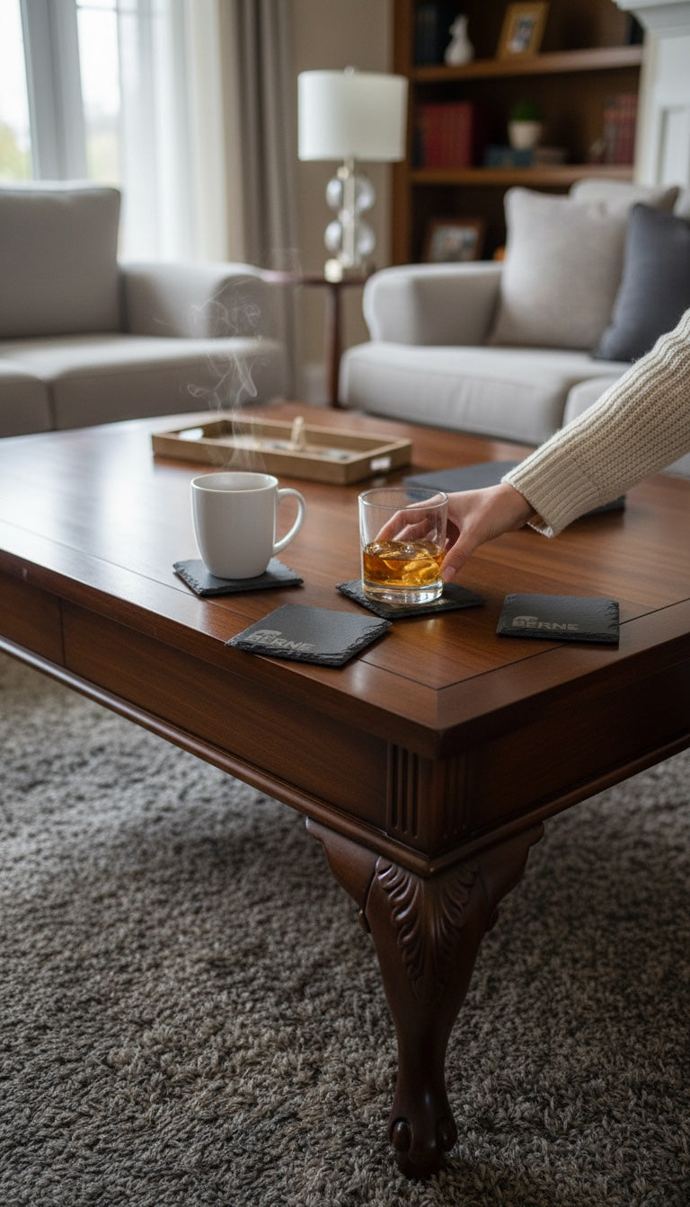Laser-engraved slate coaster with custom design, staged scene