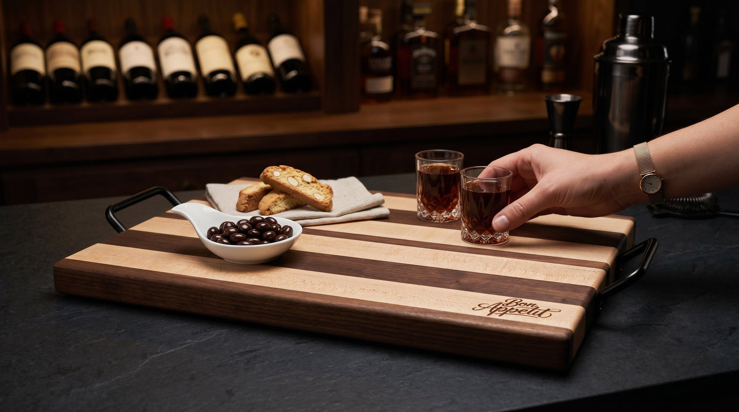 Heritage striped walnut and maple serving tray with handles, styled scene