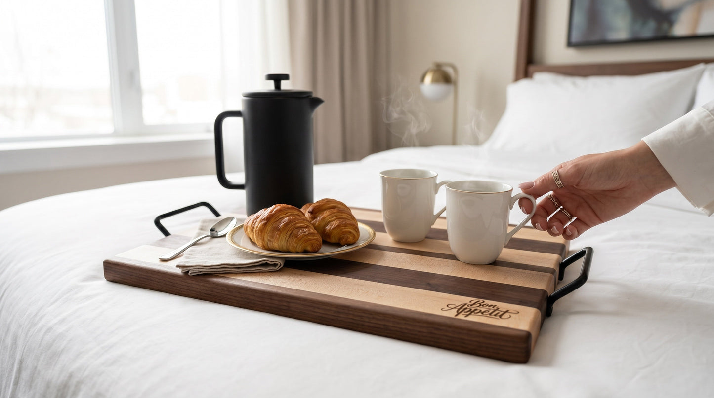 Heritage striped tray styled with food on a kitchen counter