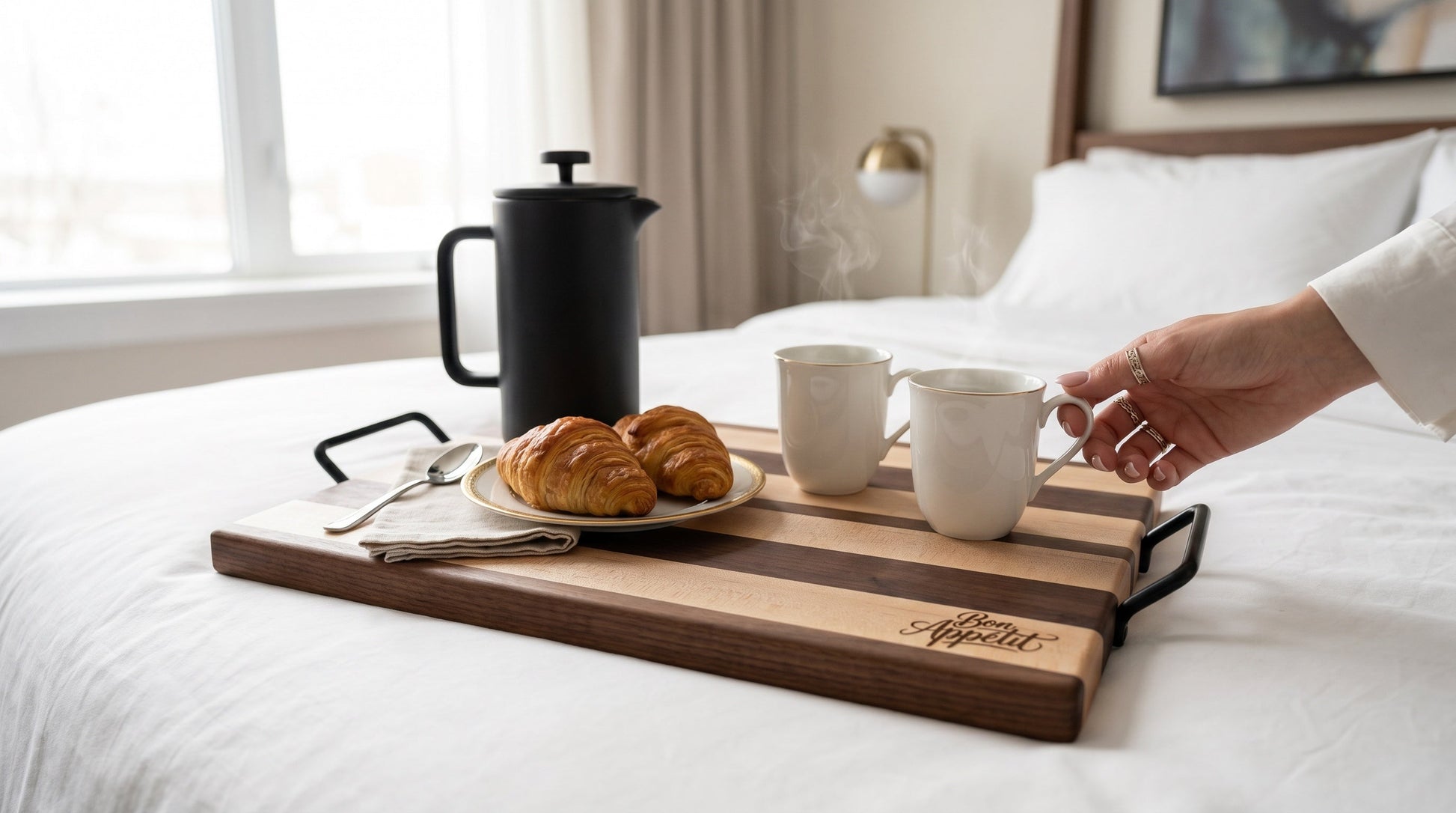 Heritage striped tray styled with food on a kitchen counter