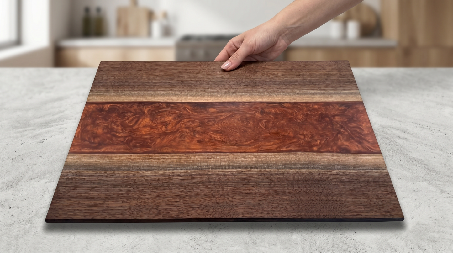 Mesos center-river charcuterie board in Copper Penny amber-gold resin on a marble counter
