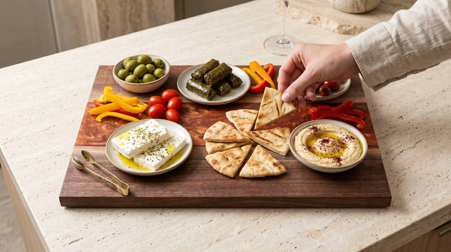 Mesos Copper Penny board with a Mediterranean charcuterie spread on a dark counter