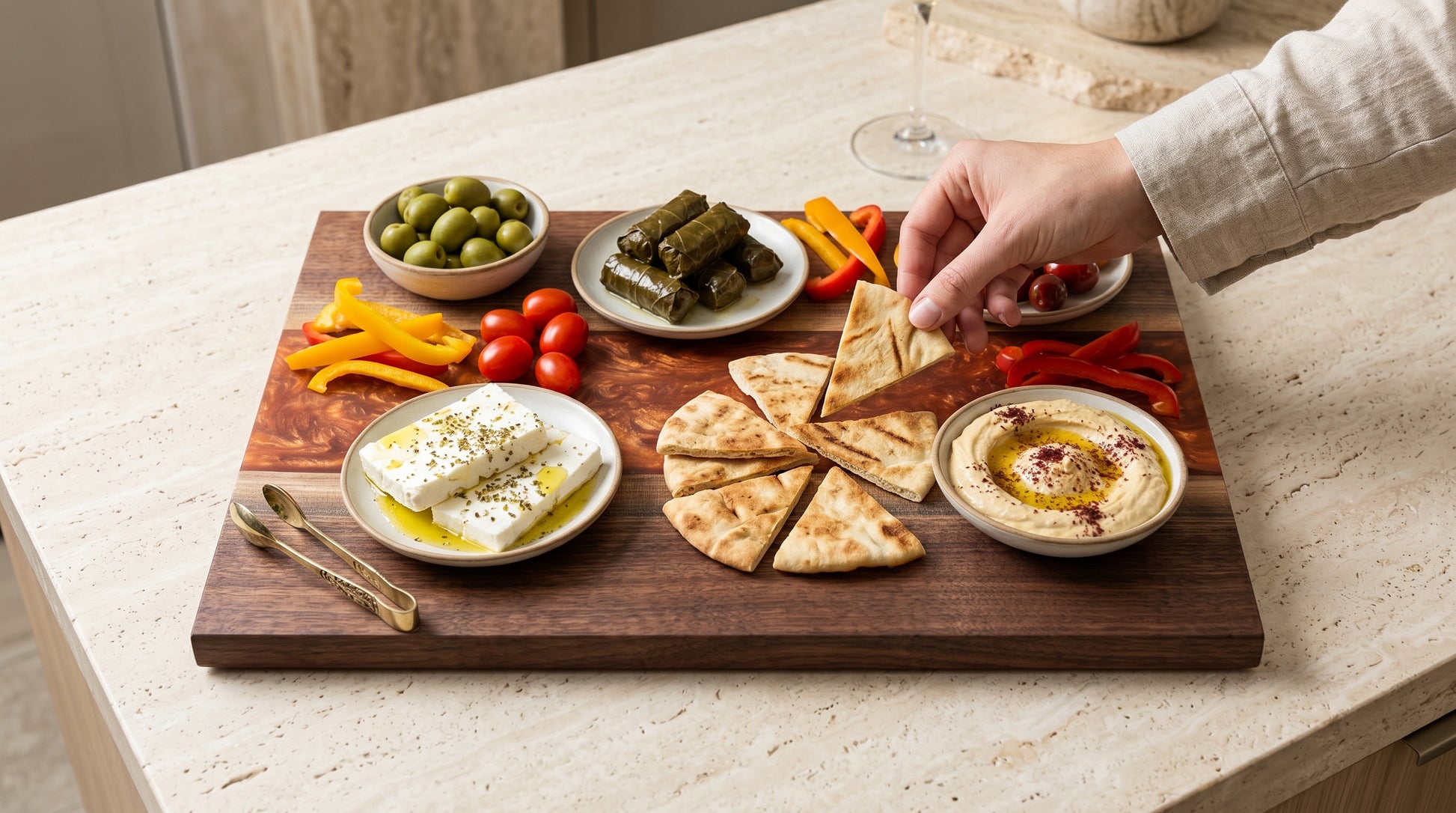 Mesos Copper Penny board with a Mediterranean charcuterie spread on a dark counter