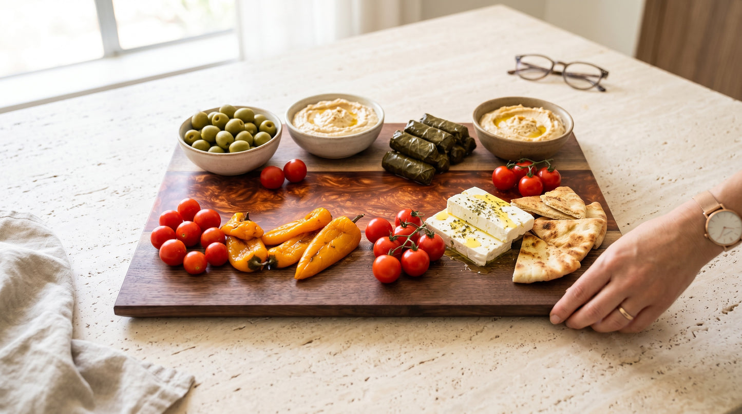 Mesos Copper Penny board styled with charcuterie in a bright kitchen