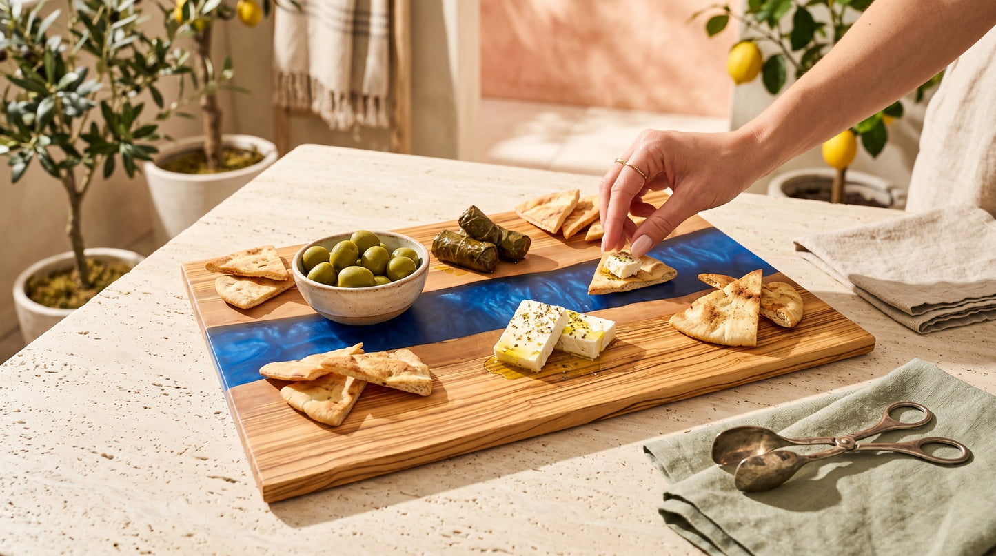 Olive wood charcuterie board with deep blue center river, lifestyle setting