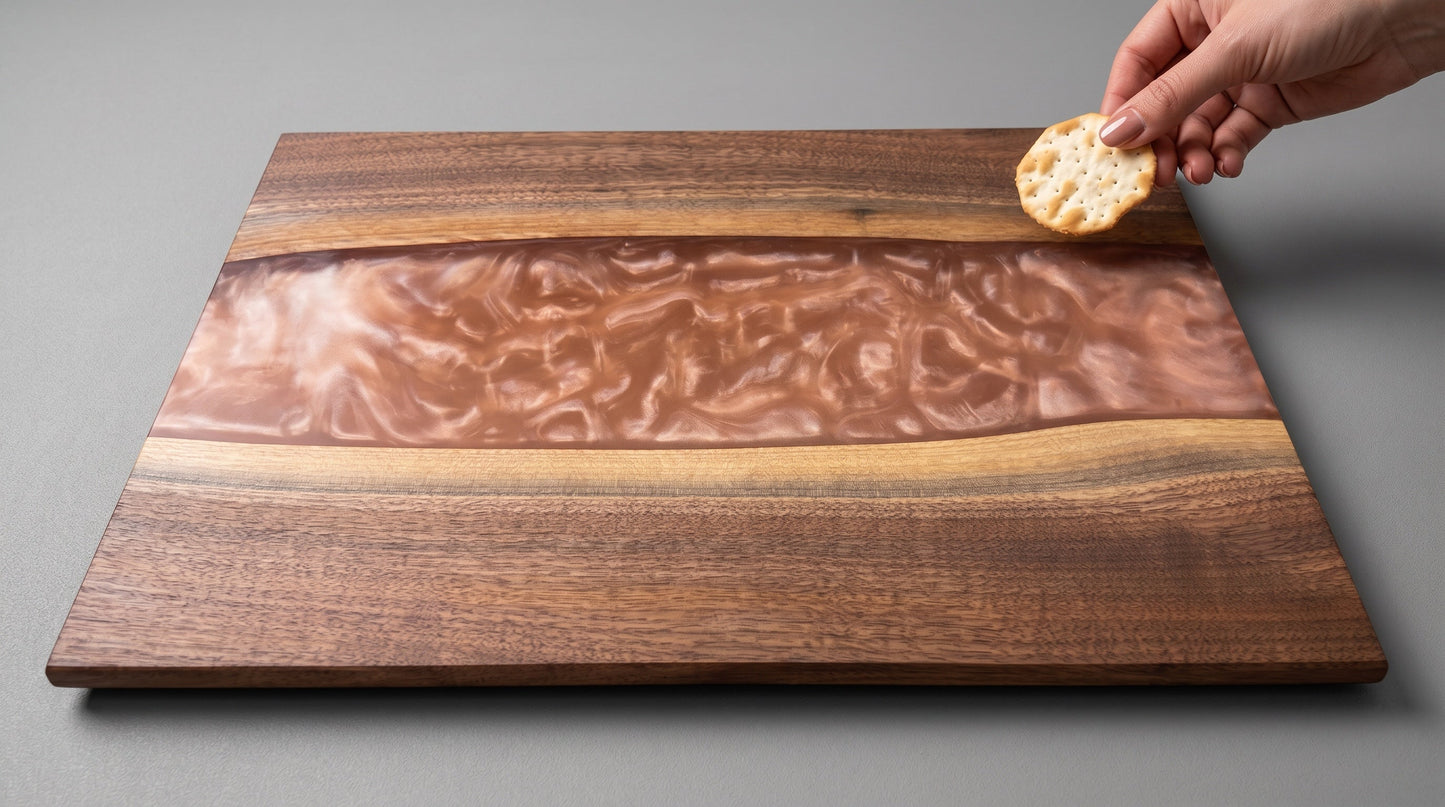 Mesos center-river board in rose champagne resin, river detail in a kitchen