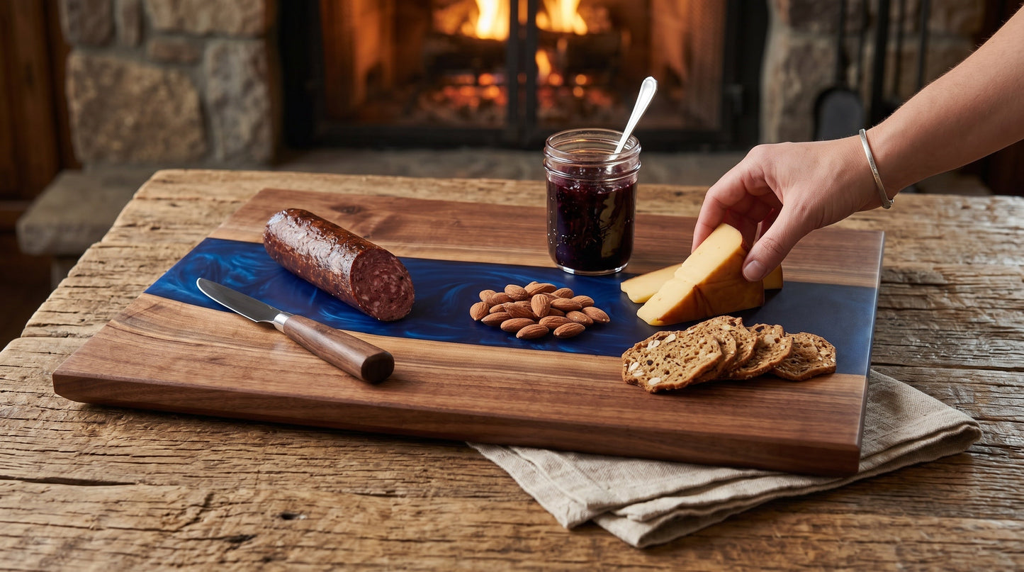 18 x 24 walnut and deep blue epoxy charcuterie board, staged scene