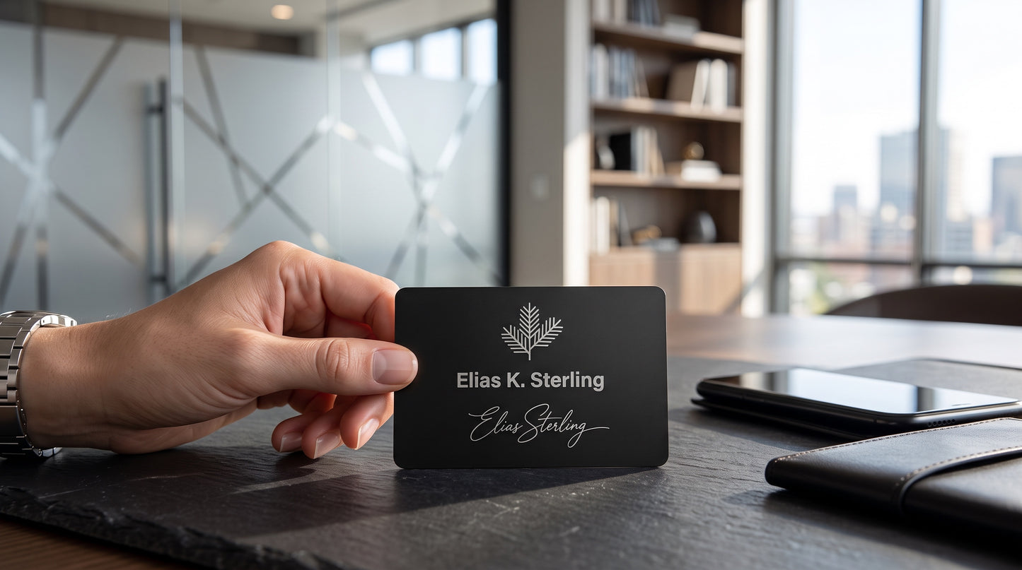 Black matte metal NFC business card held in a home office