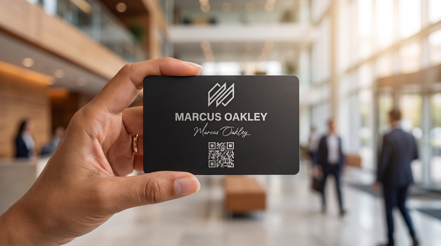 Black matte metal NFC business card held in hand showing name, signature and QR code