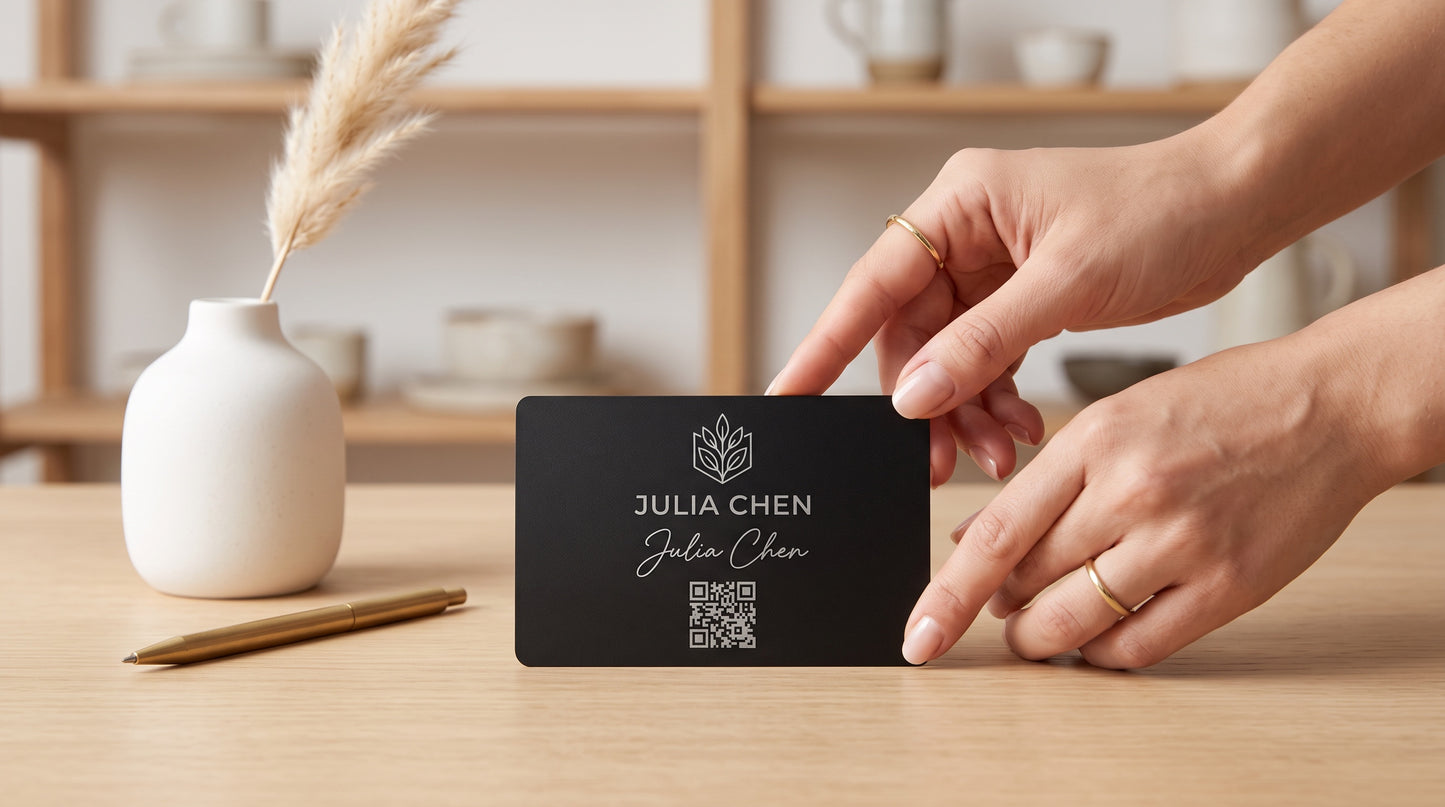 Black matte NFC business card styled on a desk
