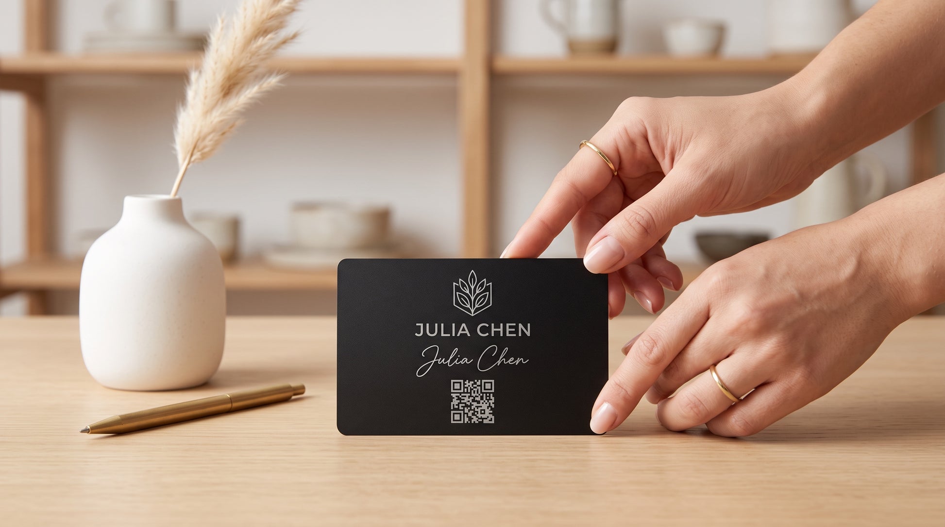 Black matte NFC business card styled on a desk