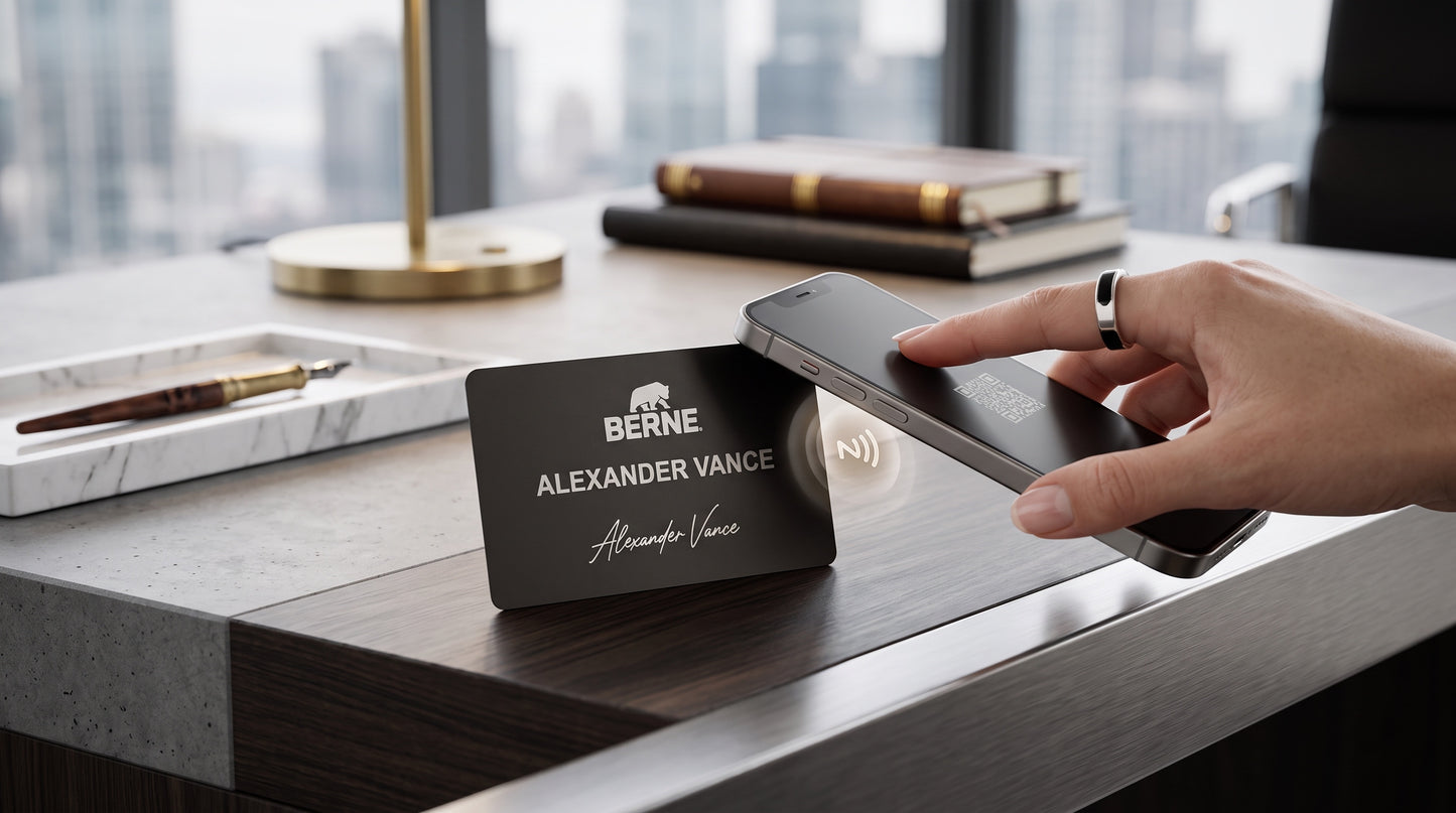 NFC business card tapped to a phone with NFC signal
