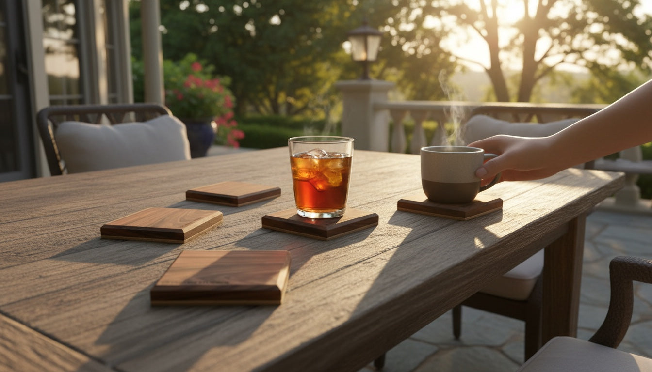 Hardwood NFC smart coasters on an outdoor patio table
