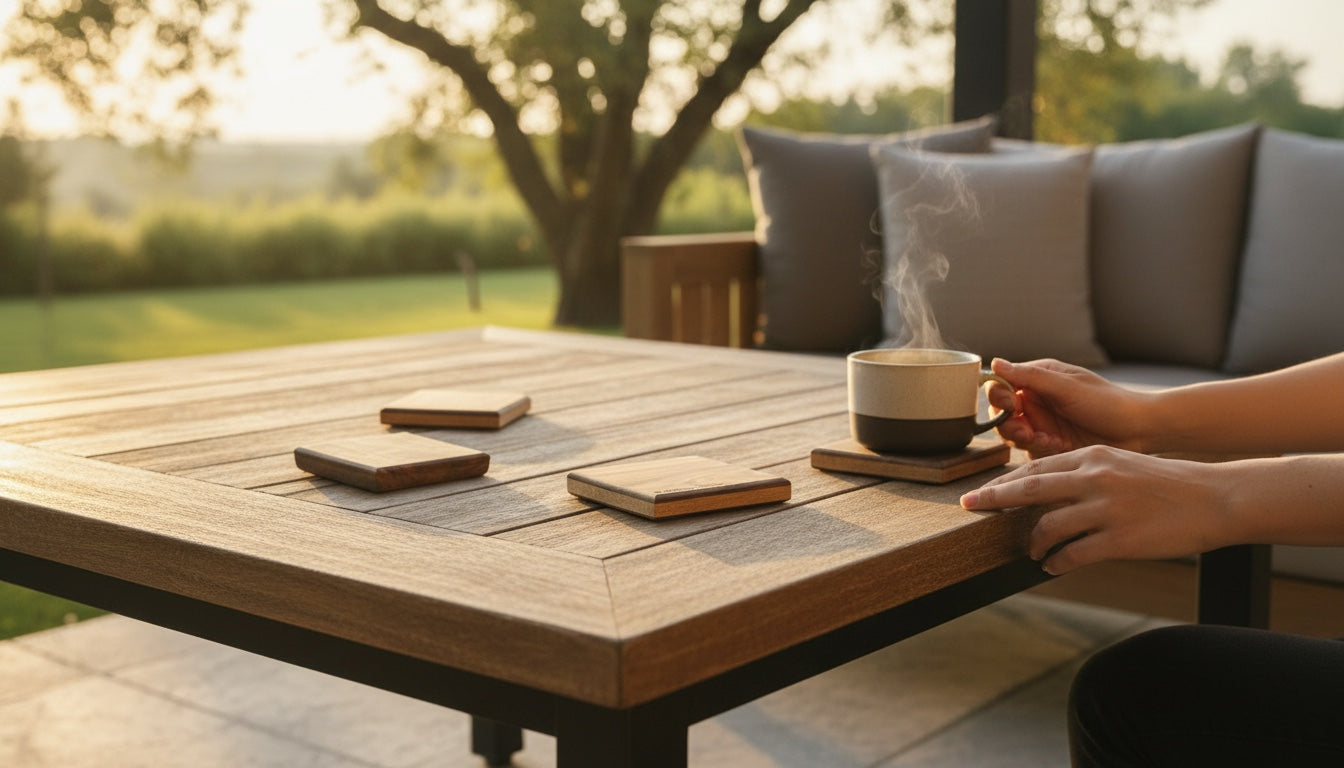 Custom engraved NFC smart coaster, staged scene