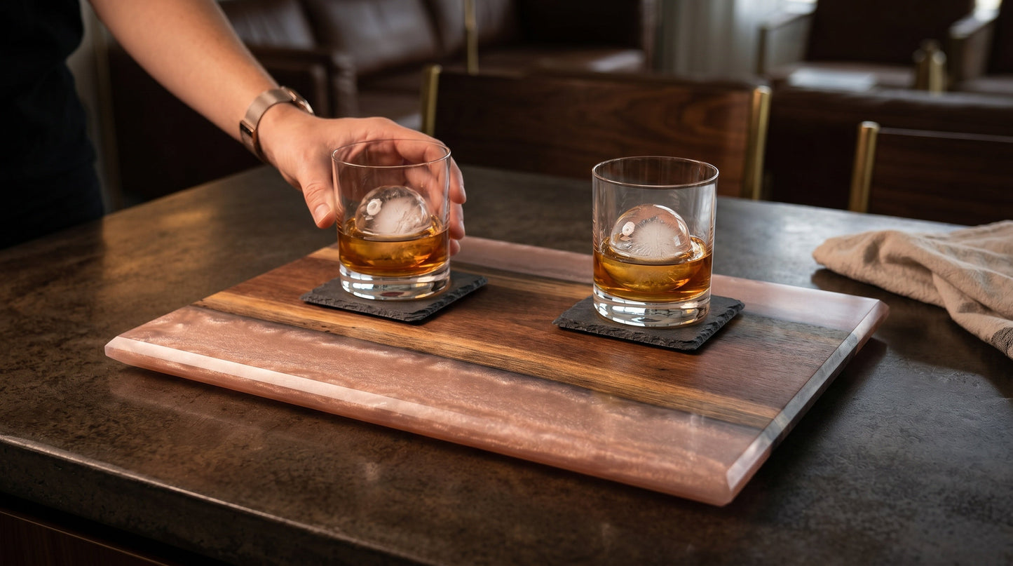 Peras outer-edge tray in rose champagne resin, lifestyle scene