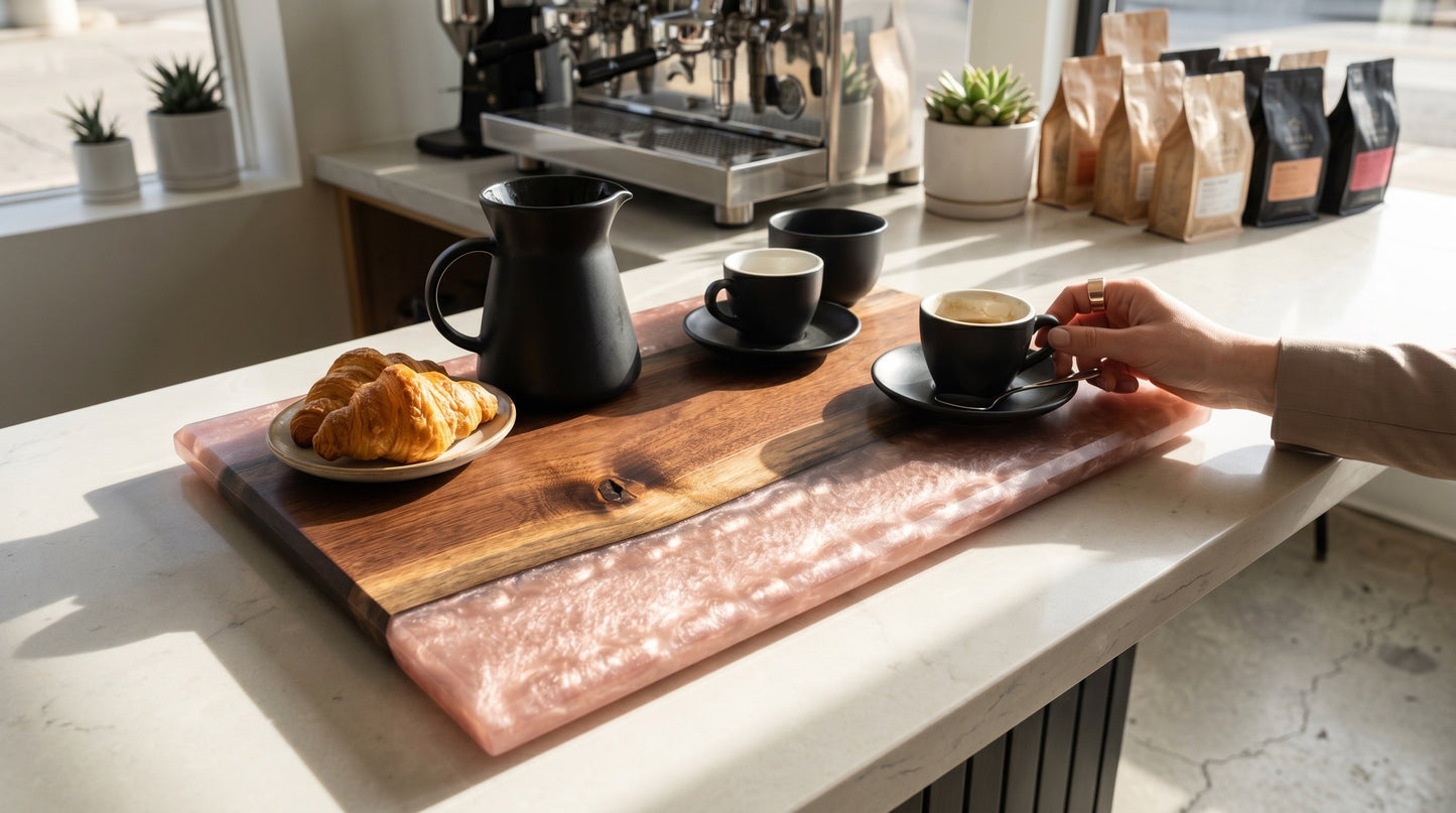 Rose champagne resin framed live-edge walnut serving tray, staged setting