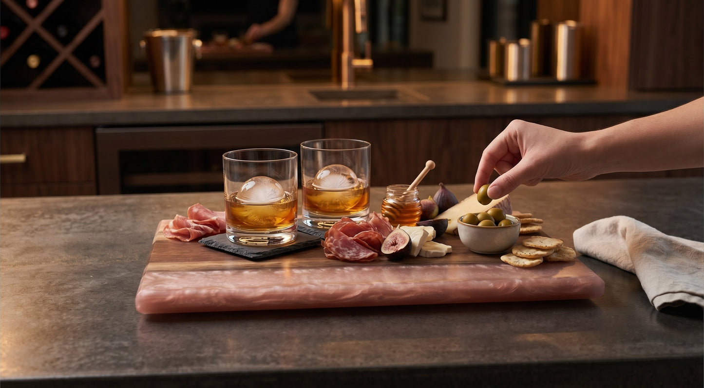 Peras serving tray in rose champagne, in-use scene with serving spread
