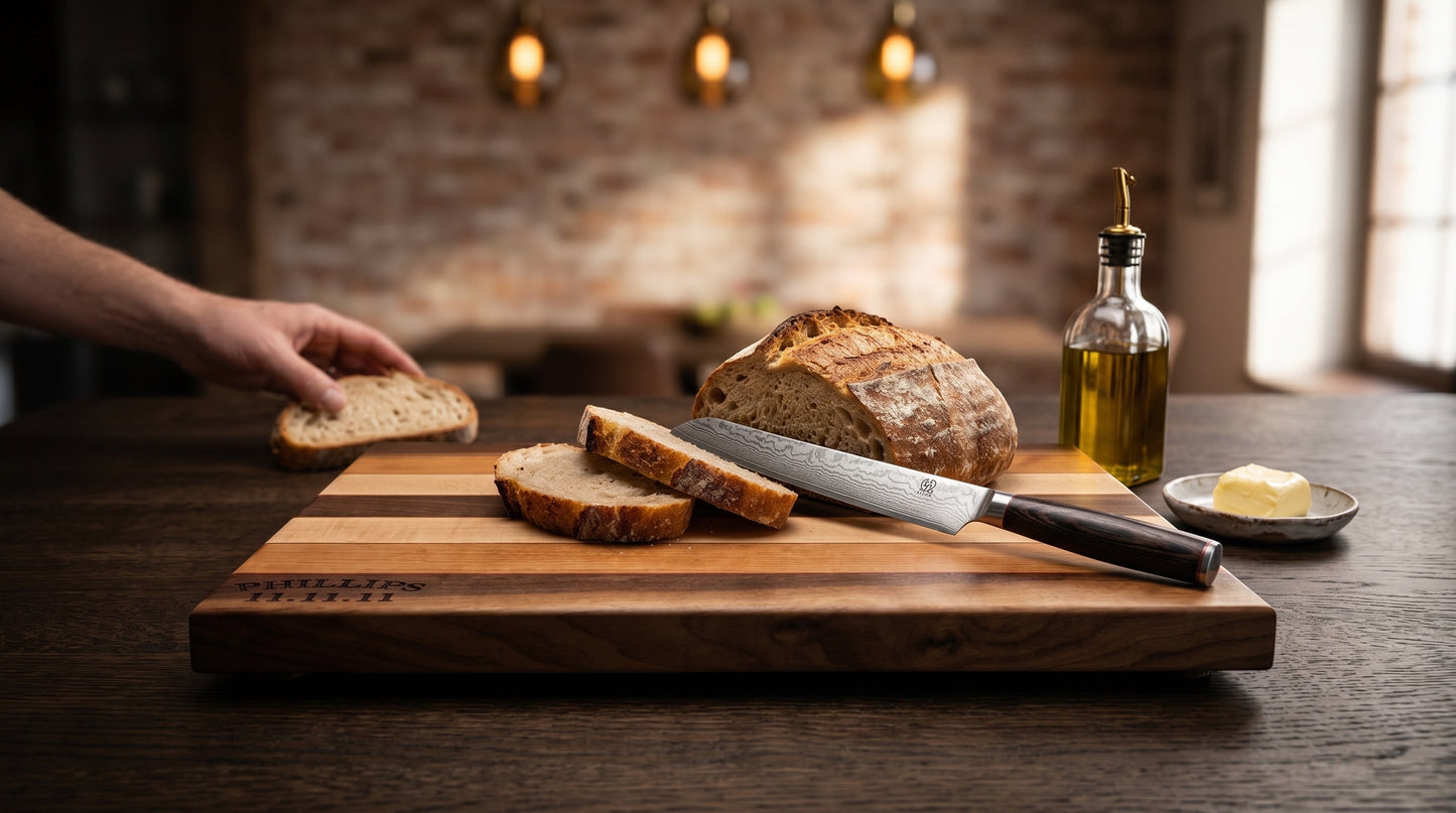 Edge-grain multi-wood cutting board in a rustic brick kitchen
