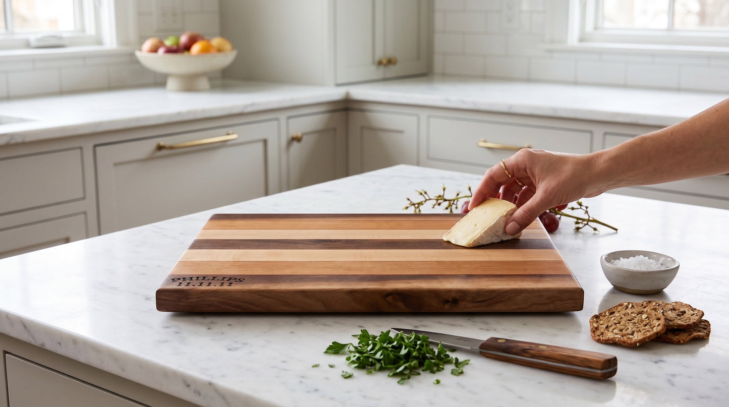 Edge-grain multi-wood board with engraved family name in a marble kitchen