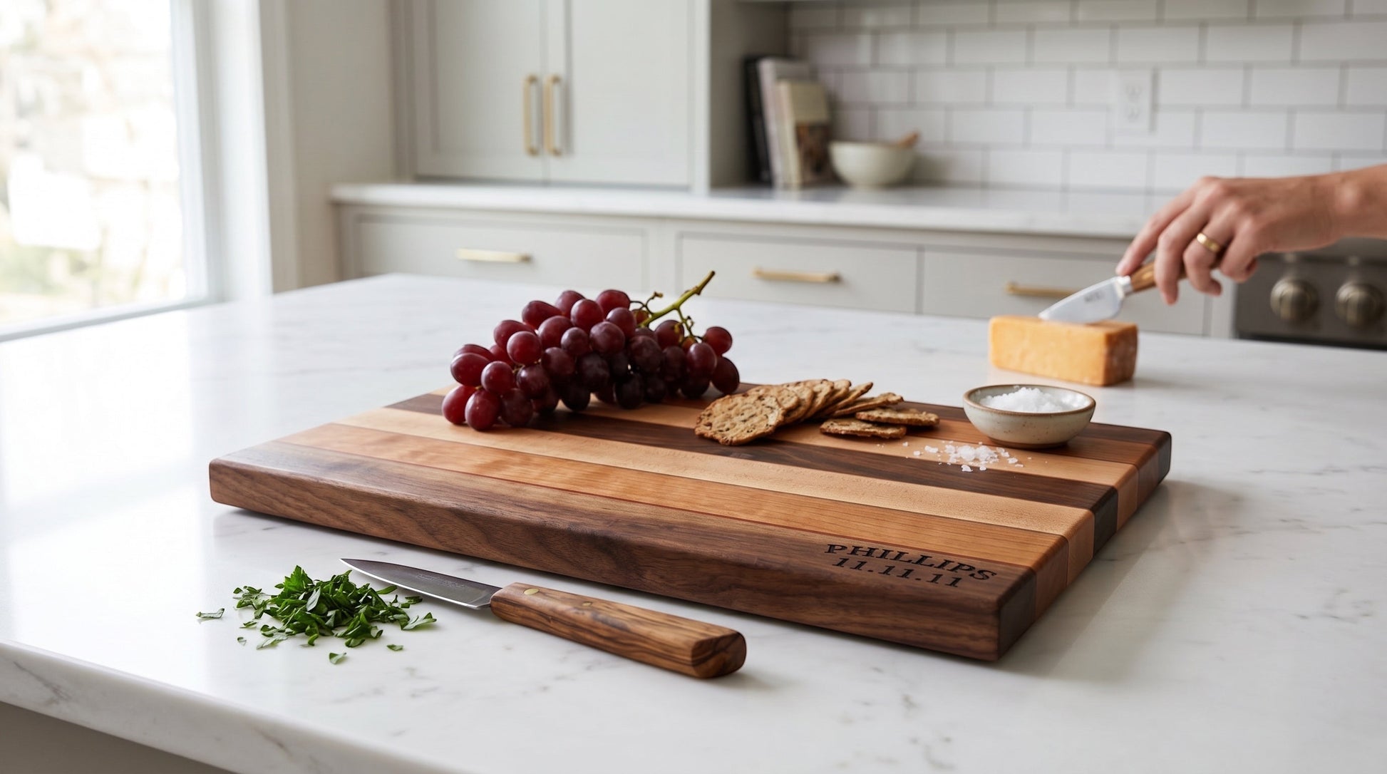 Engraved edge-grain cutting board in a bright kitchen