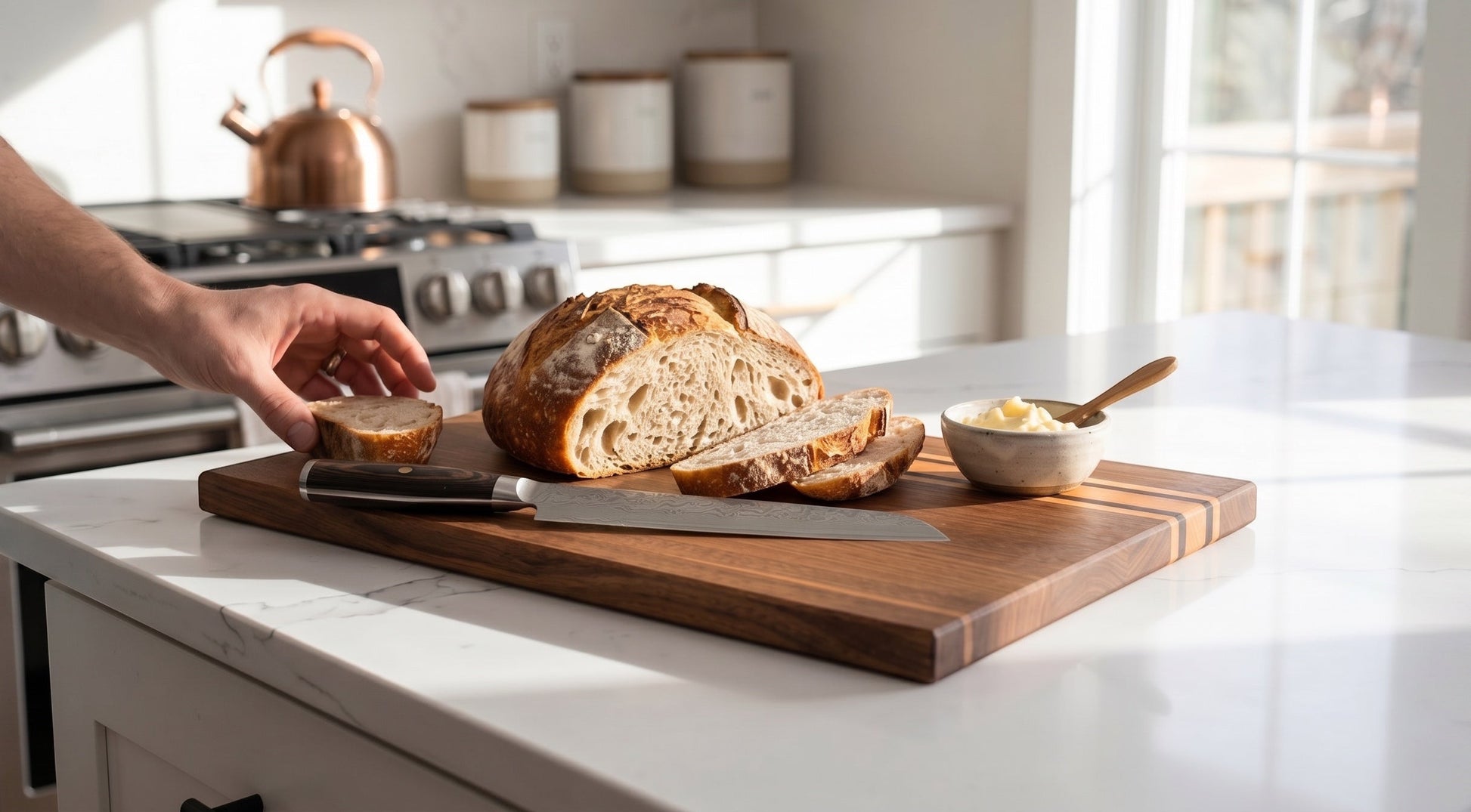 Walnut cherry maple edge-grain cutting board with steak