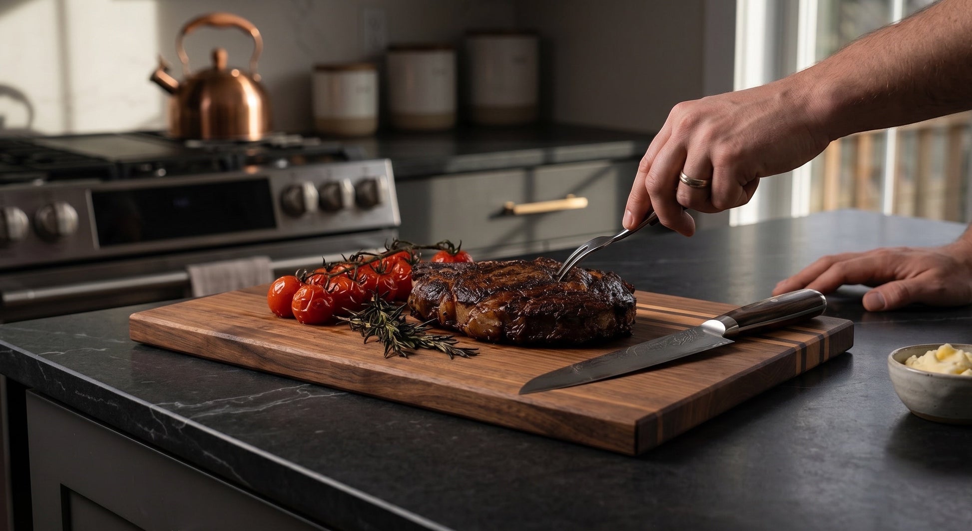 Walnut, cherry, and maple edge-grain board with fresh bread