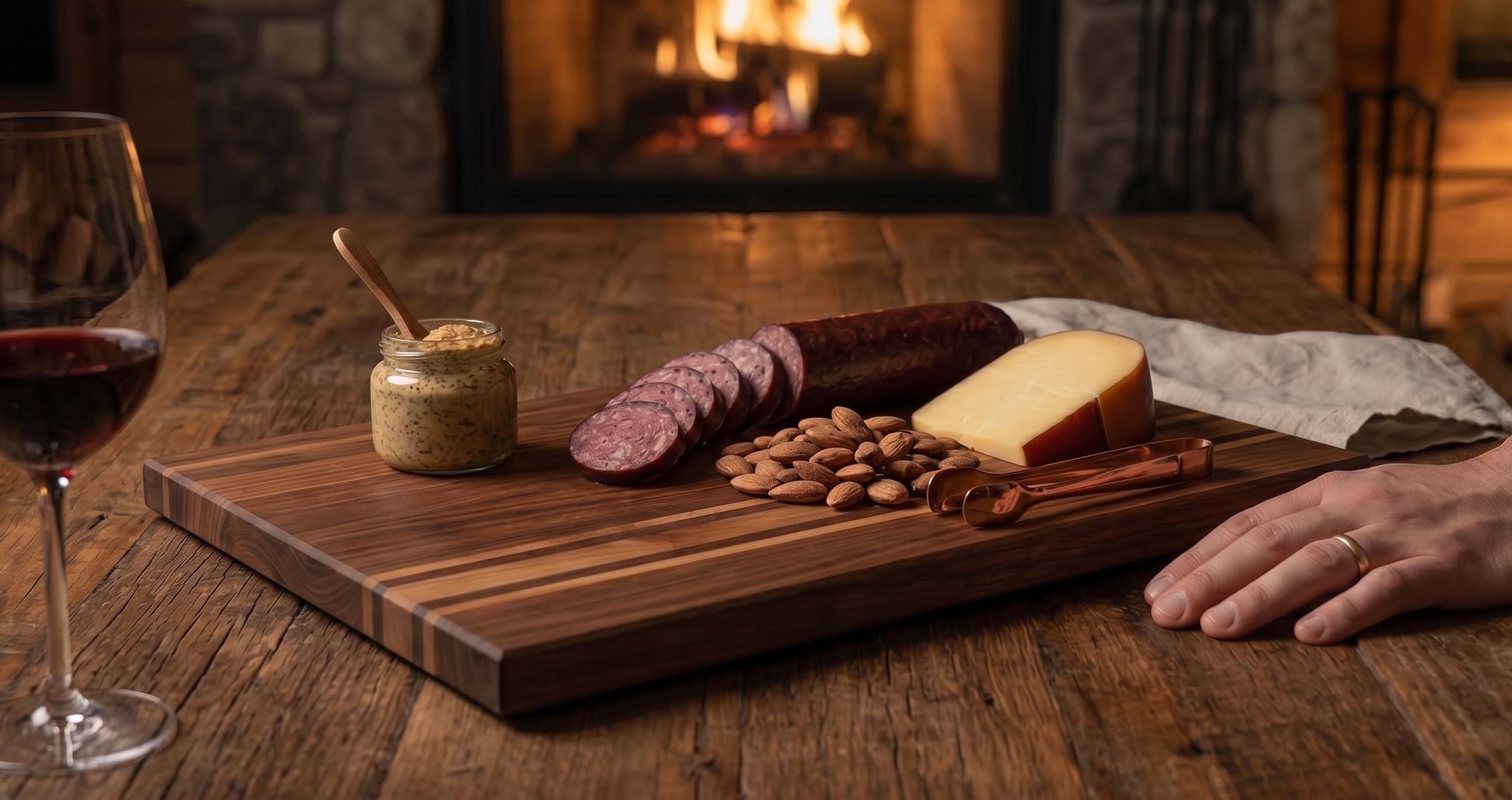 Walnut cherry maple edge-grain board with fireside charcuterie
