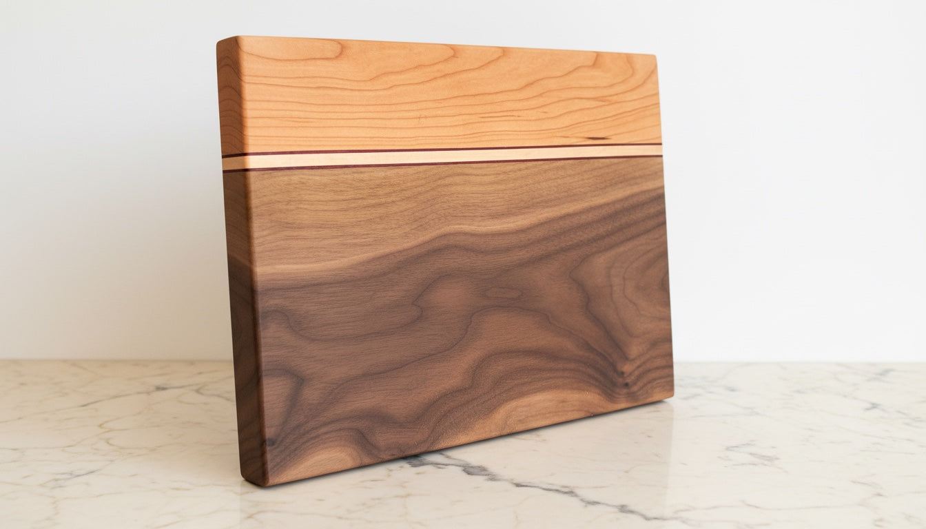 Face-grain multi-wood cutting and serving board, angled studio view showing figured grain