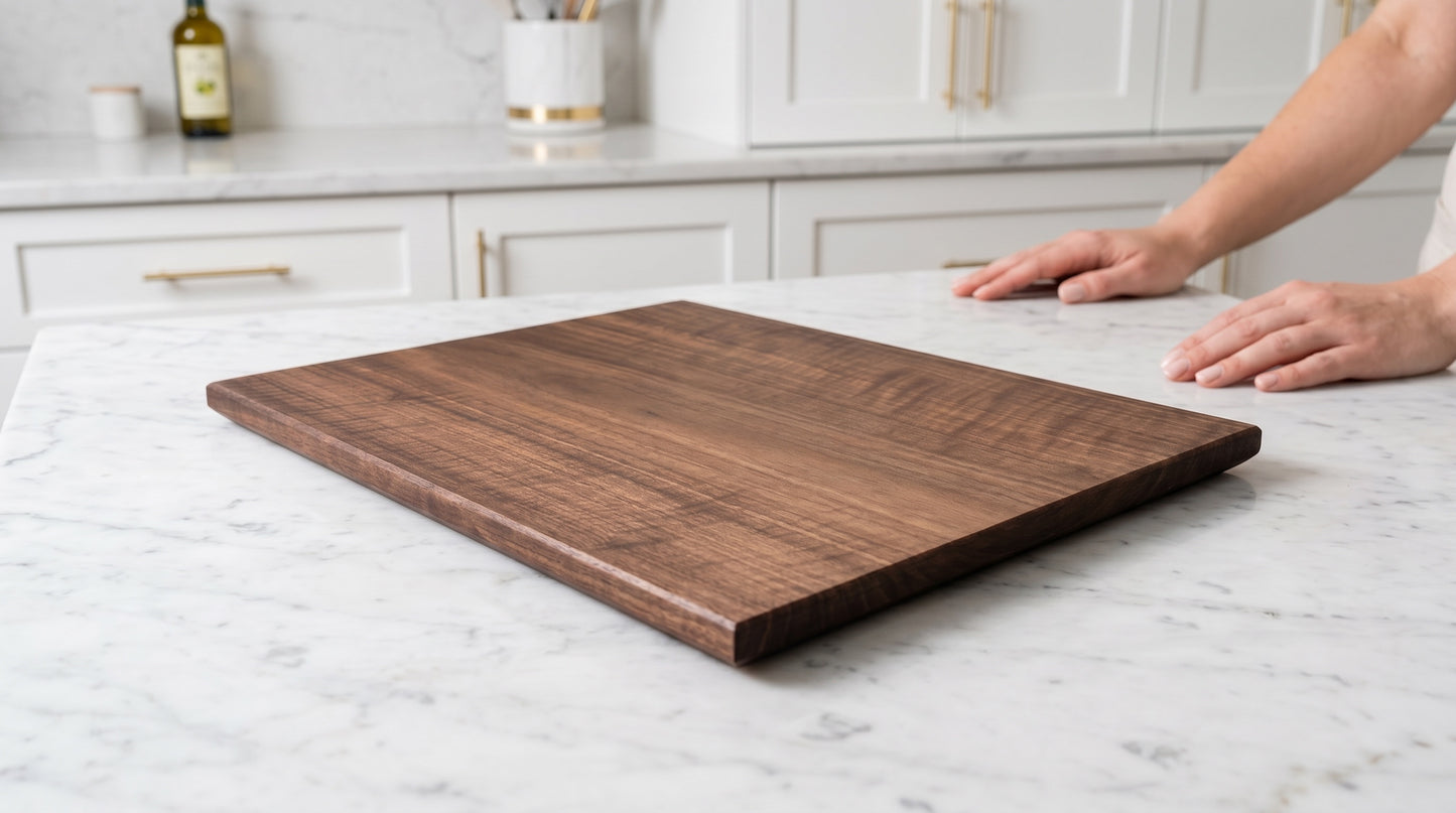 Solid walnut board angled to show 1.25 inch thickness and chamfered edge