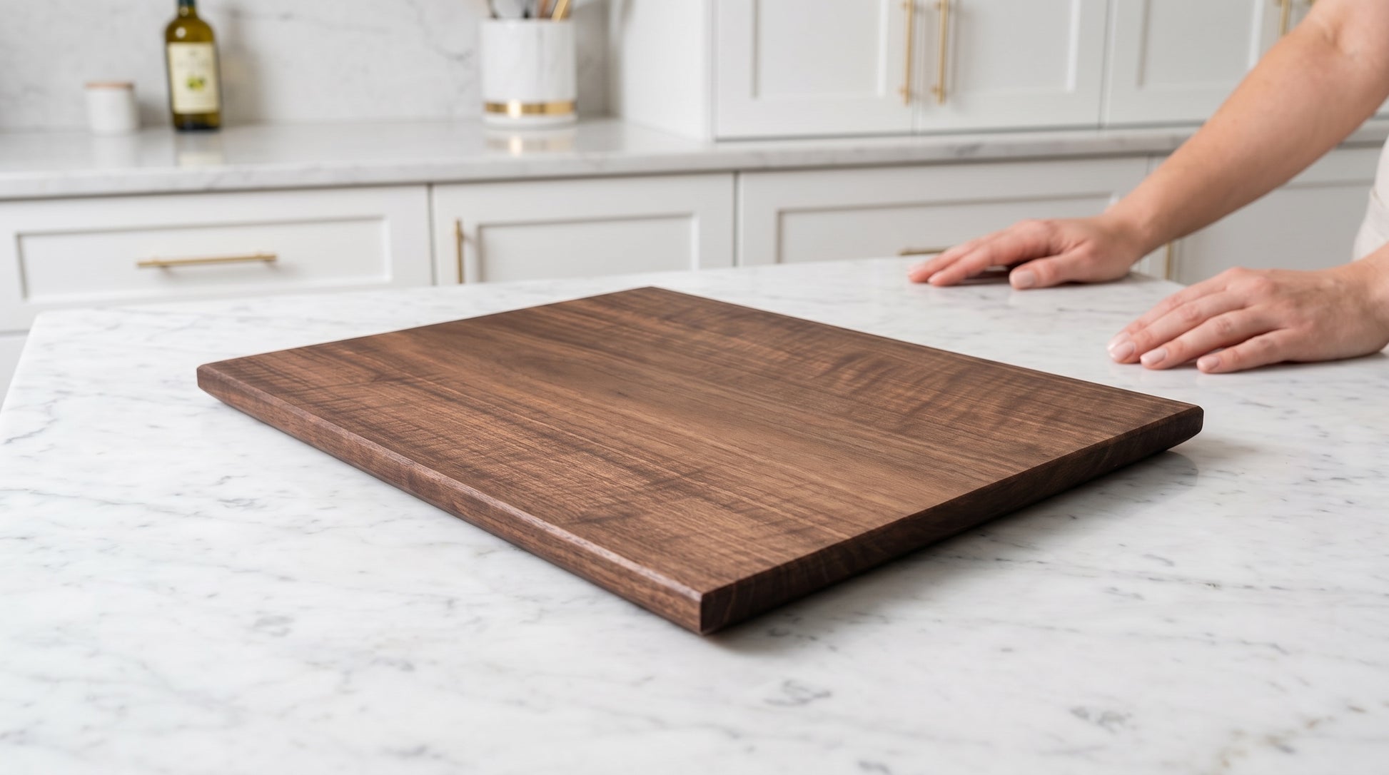 Solid walnut board angled to show 1.25 inch thickness and chamfered edge