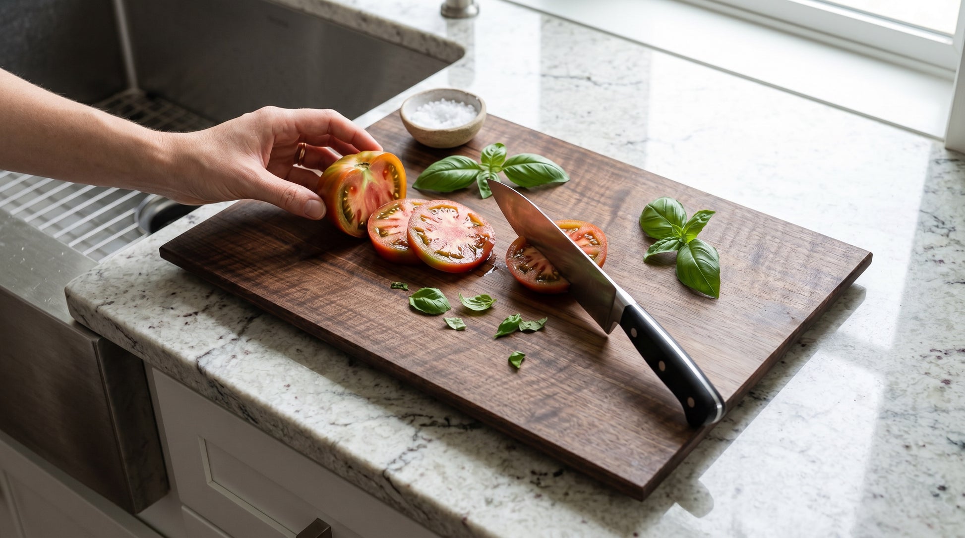 Slicing vegetables on the solid walnut cutting board