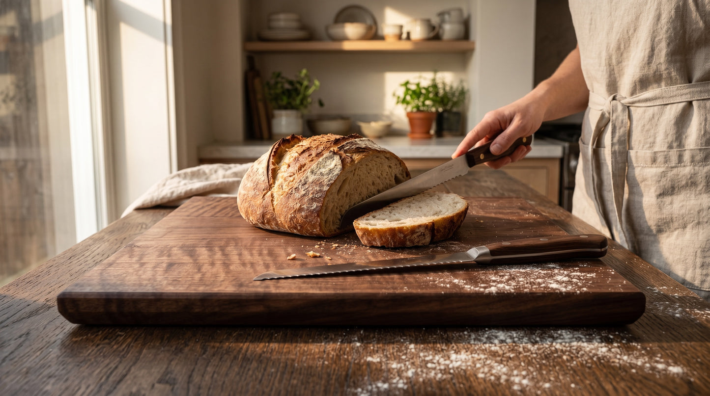 Slicing bread on the solid walnut cutting board