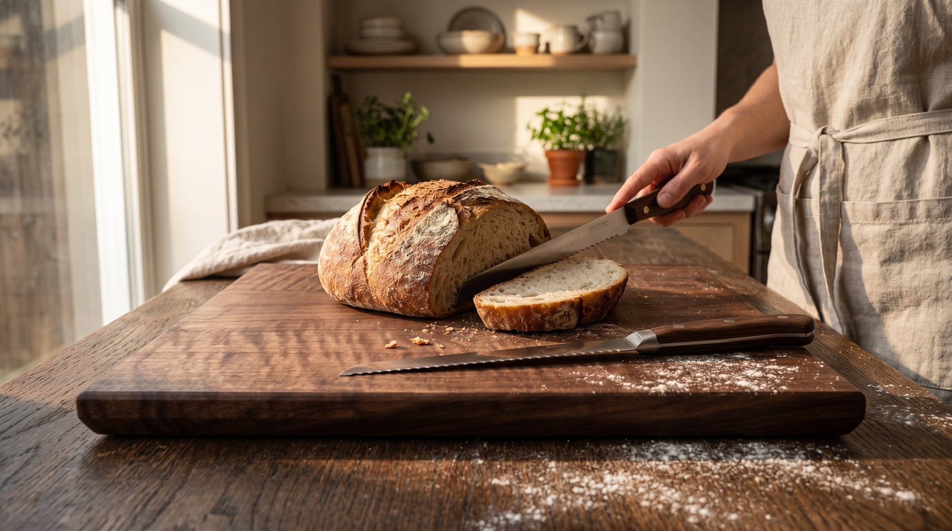 Slicing bread on the solid walnut cutting board